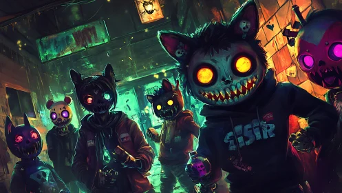 Neon-glow feral mascots in toxic-lit urban alleyway ambush.