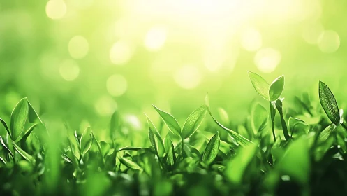 Fresh green seedlings in morning sunlight, nature macro photography.