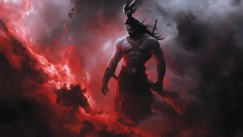 Volcanic war deity emerging from turbulent crimson nebulae.