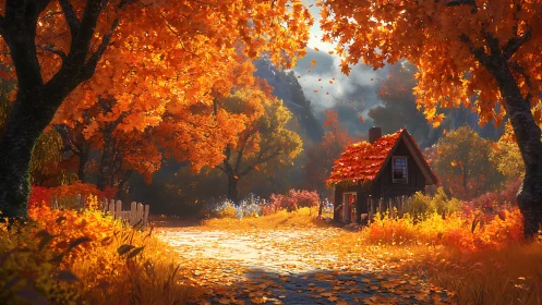 Autumn woodland cottage under luminous foliage canopy glows