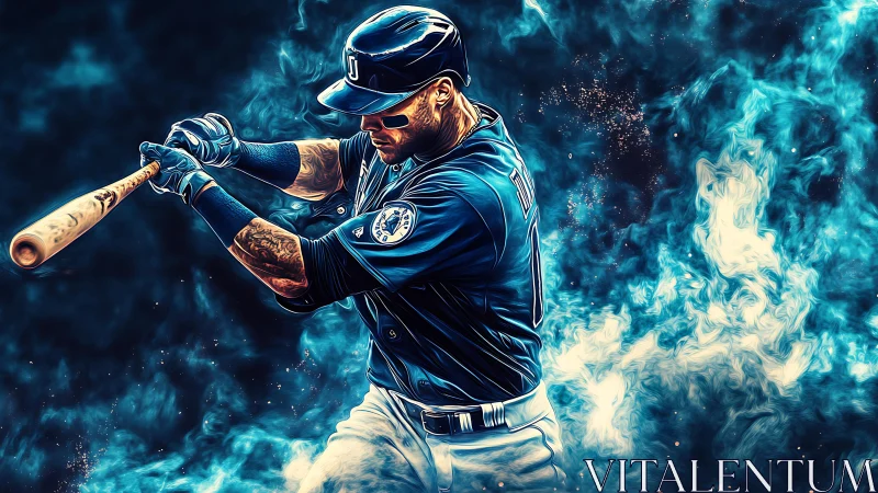 Baseball batter in dynamic swing with stylized blue smoke background.