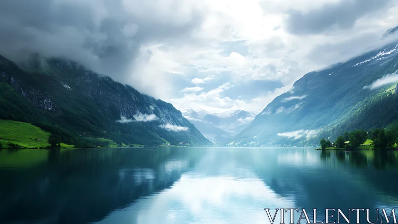 Mountain lake reflects storm clouds and distant glacier peaks.