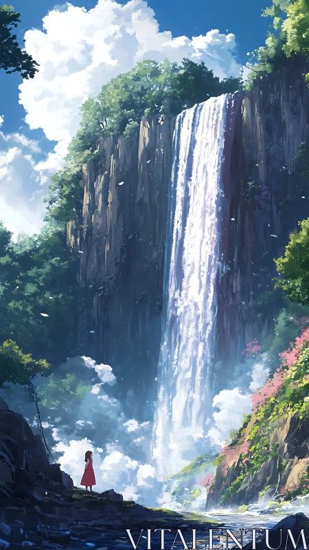 Solitary dreamer beneath a sunlit skyfall of wonder.