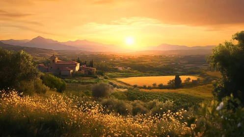 Golden countryside sunset embracing a peaceful hillside village.