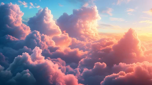 Gentle sunrise light bathes dreamy pink and golden clouds