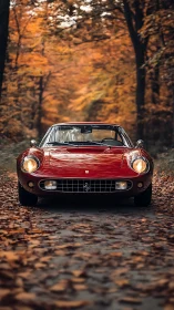 Crimson classic sports car glows warmly on a quiet autumn lane