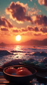 Sunset coastline with sushi served in soft warm light.