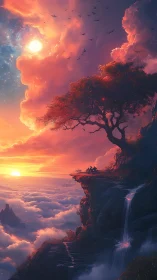 Bifrontal celestial sunset over cloud sea and cliffside tree