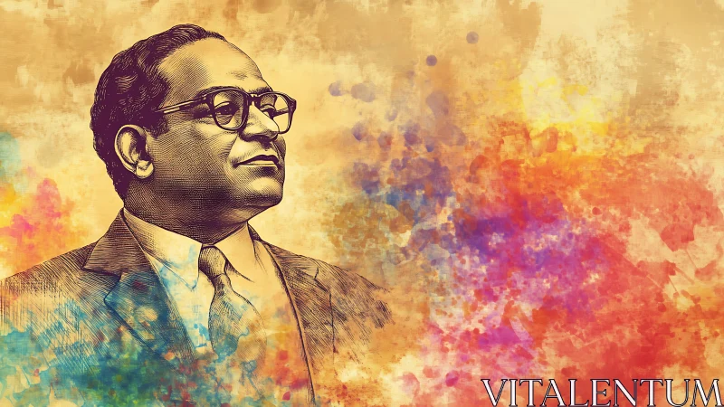 Portrait of dignified man amid vivid watercolor splashes.