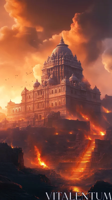 Digital painting of a temple fortress above cascading lava fields.