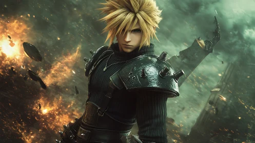 Spiky haired warrior in armored rig amid explosive debris field.