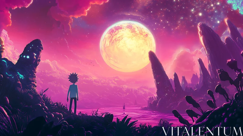 Stargazing wanderer greets a colossal neon moonrise dream