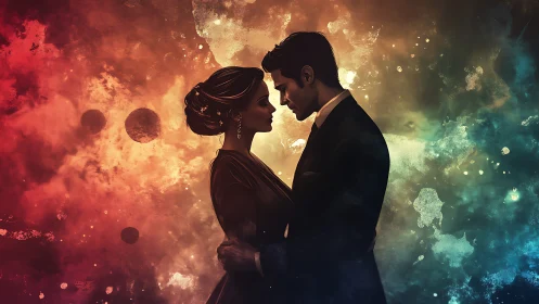 Silhouetted couple embracing against luminous particle effects and chromatic backdrop.