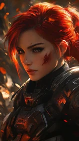 Fierce red haired sci fi warrior framed in glowing embers.