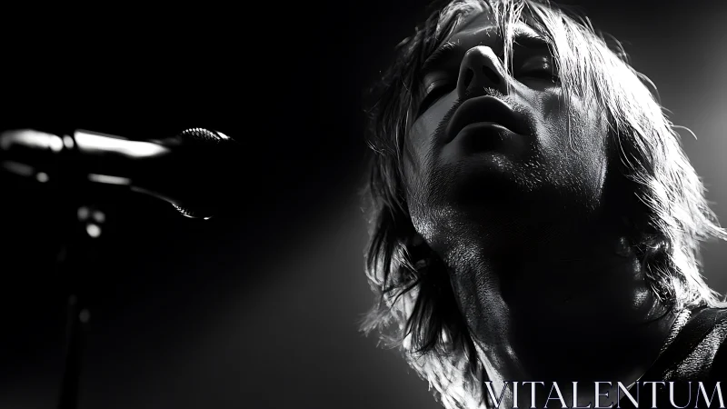 Low-angle monochrome view of singer before microphone.