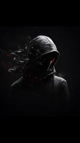 Hooded shadow figure emerges from darkness with embers