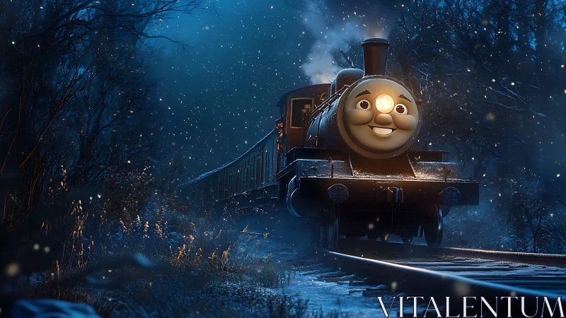 Photoreal 3D steam train with character face in snowy forest night.