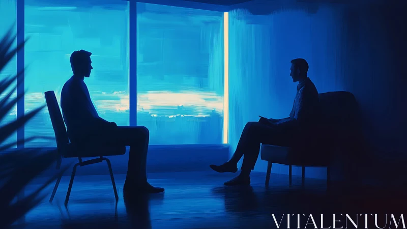 Chromatic blue consultation with silhouetted dyadic figures.