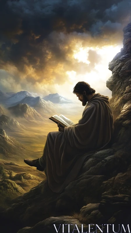 Quiet mountain reading beneath a dramatic golden sky.