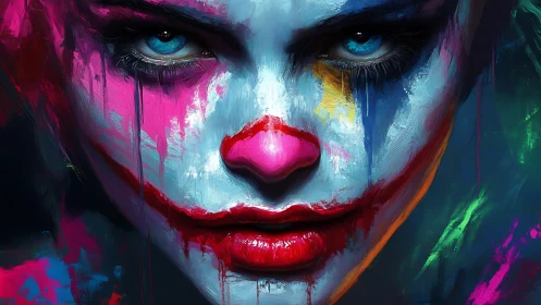 Neon clown visage stares with intense, cinematic menace.
