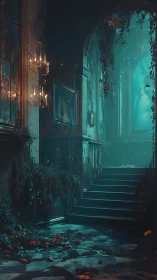 Moonlit decay in a grand haunted staircase hall.