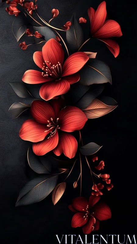 Red Flowers and Dark Leaves in Digital 3D Composition