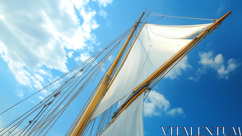 Elegant wooden sailboat mast and white sails against blue sky.