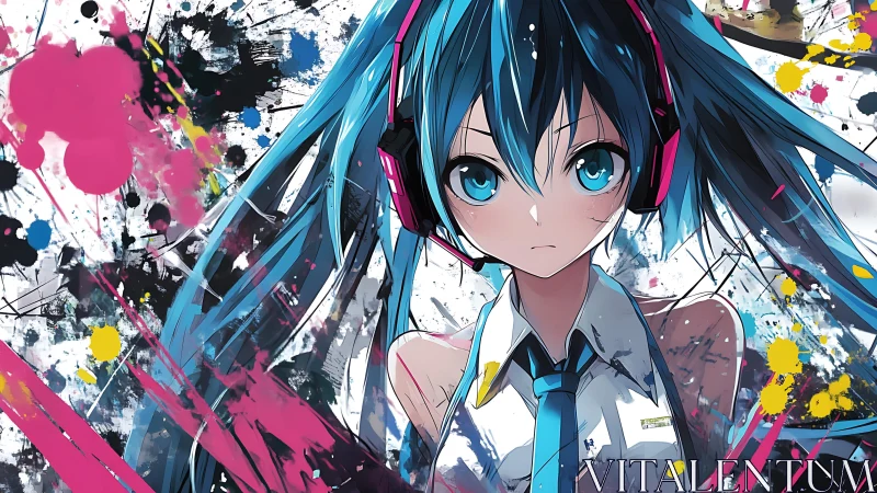 Vivid anime girl with headphones amid dynamic paint splatter field