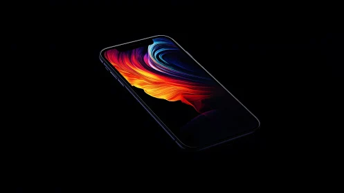 Modern smartphone with vibrant abstract wallpaper on black background.