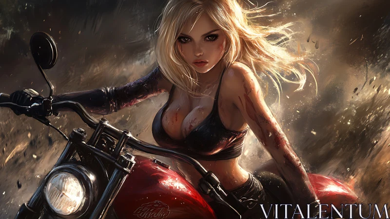 Blonde motorcyclist in dynamic digital action scene.