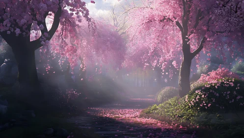 Sunlit cherry blossom path drifts through tranquil garden.