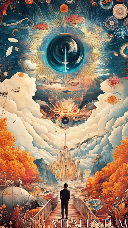 Stargazing wanderer walks a molten bridge into cosmic dawn