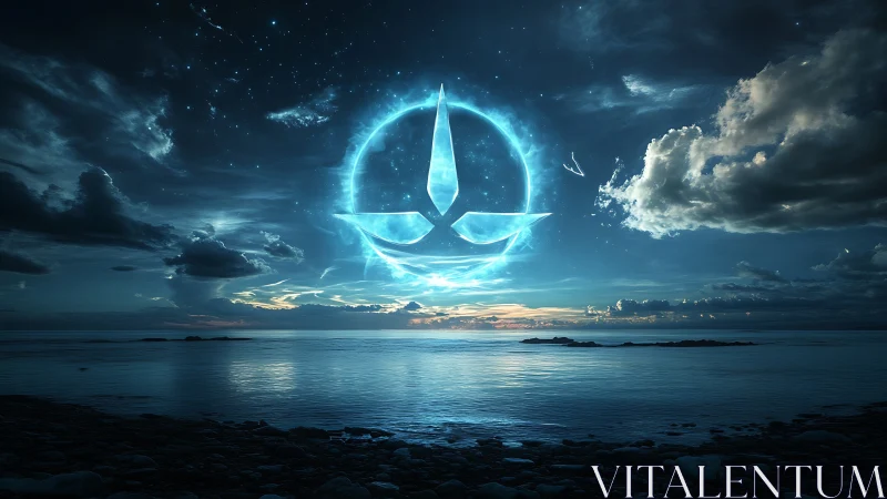 Cosmic blue sigil burning above tranquil ocean horizon.