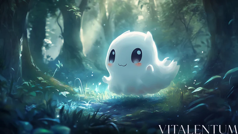 Luminescent forest ghost character in cinematic misty glade.
