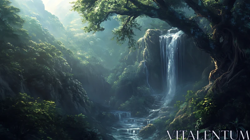 Enchanted Canyon Waterfall: Lush Valley Digital Landscape.