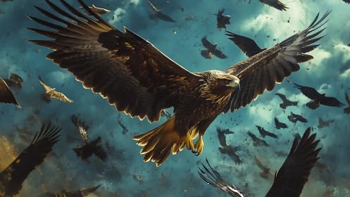 Majestic eagle soaring among crows in dramatic digital painting.