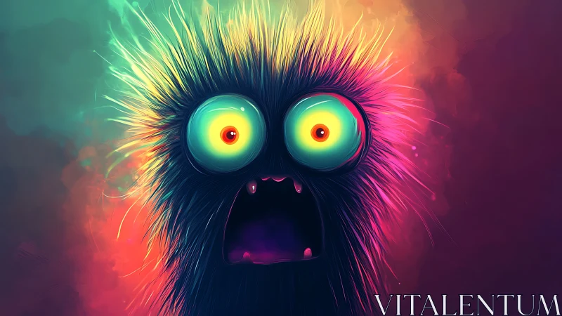 Neon fur creature with enlarged eyes on gradient background.