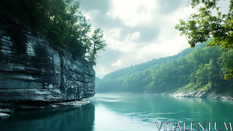Forest cliffs above calm turquoise river under soft clouds.