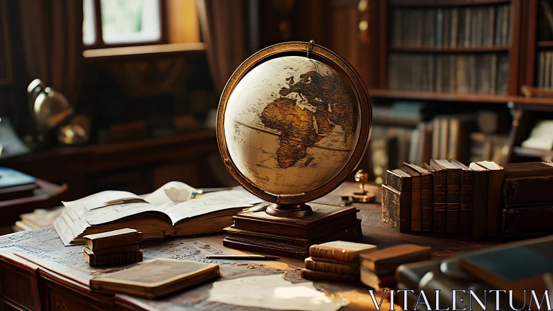 Globe sits on wooden desk among old books in study