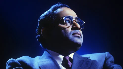 Confident businessman in suit under dramatic blue studio light