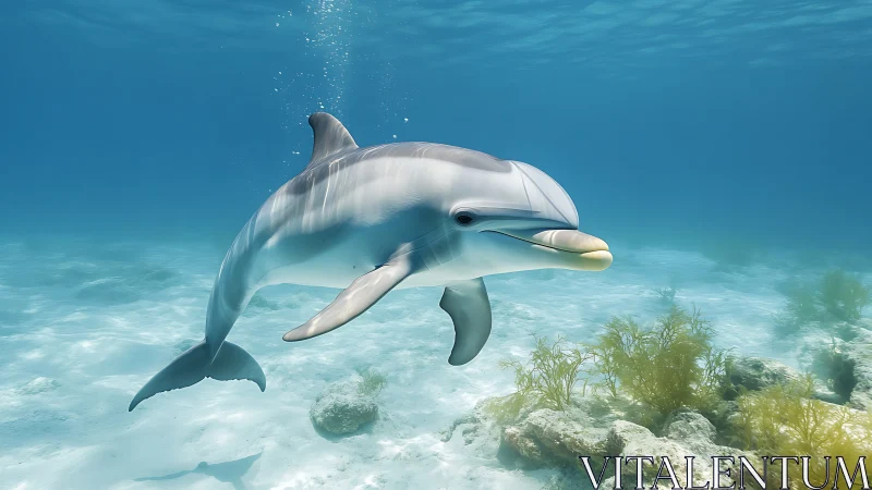 Playful reef dolphin gliding through sunlit turquoise hush.