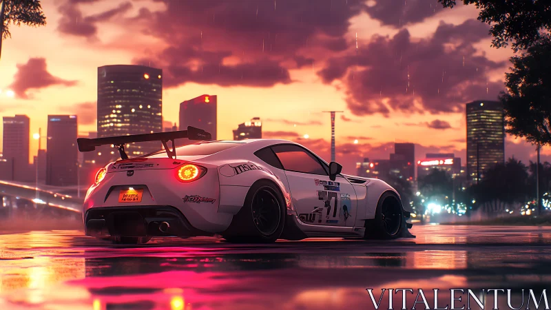 Tuned sports car idles on neon-lit streets at sunset.