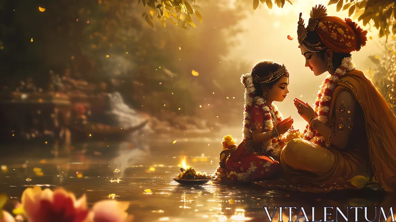 Riverbank devotional scene with two garlanded figures.