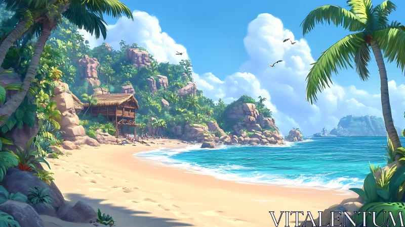 Tropical Beach Settlement with Rocky Outcrops and Wooden Structures