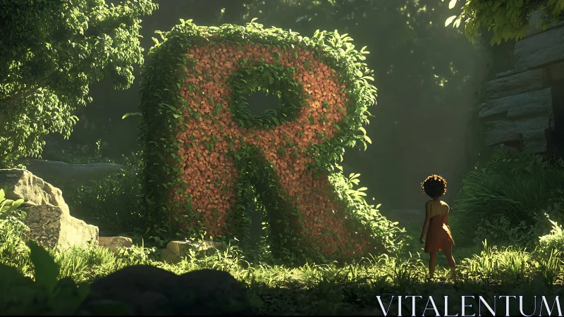 Child facing giant flower-covered R in sunlit jungle.