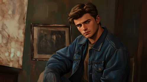 Quiet denim rebel studies the room with dusk-soft eyes