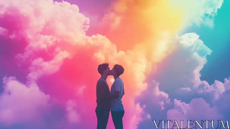 Silhouetted Couple Kissing Against Rainbow Clouds.