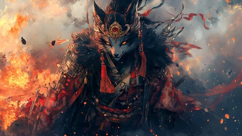 Armored fox warrior spirit amid swirling fire and smoke.