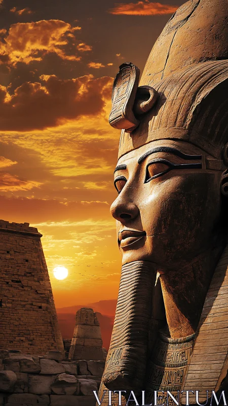 Colossal Egyptian pharaoh statue profile at sunset, temple ruins