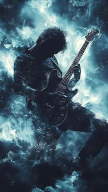 Silhouette guitarist in swirling blue cosmic energy storm.